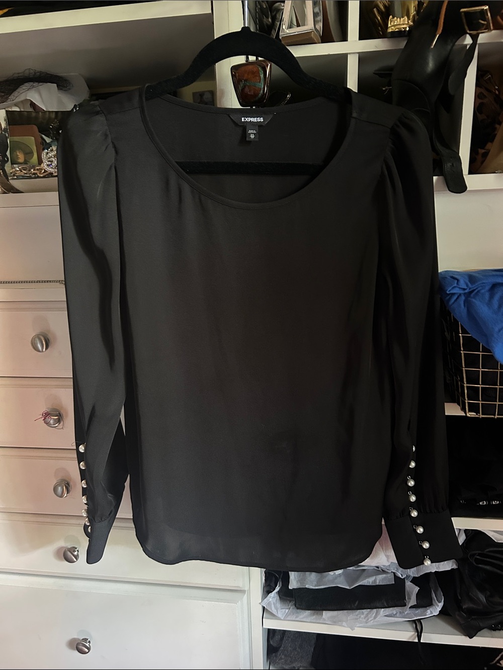 Express Black Pearl-Cuff Long Sleeve Blouse